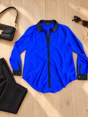 ✨Rock & Republic Blue Colorblock Blouse Studded Collar - L✨